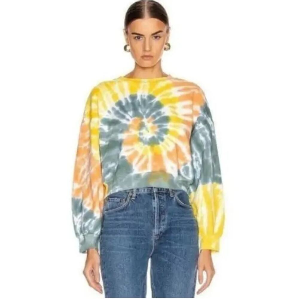AGOLDE Cropped Sweatshirt Crew Neck Long Sleeve Tie Dye Yellow Orange Green S